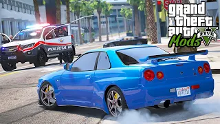 FUGA DA POLICIA COM UM NISSAN SKYLINE R34! - GTA V MOD