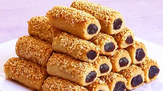 اصابع التمر بالسمسم بدون زبدة بدون خلاط هش وخفيف يذوب بالفم وبكمية وفيرة 