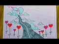 Valentine s Day Card Drawing very easy Heart Drawing Love Drawing Love Sky card Drawing