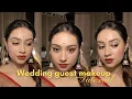 Beginner friendly wedding guest makeup tutorial dewy skin red lip saree Indian traditional