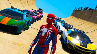 Spiderman, Super Heroes descent from a steep ramp CARS GTAV !Человек Паук, Халк, Веном Мега спуск !