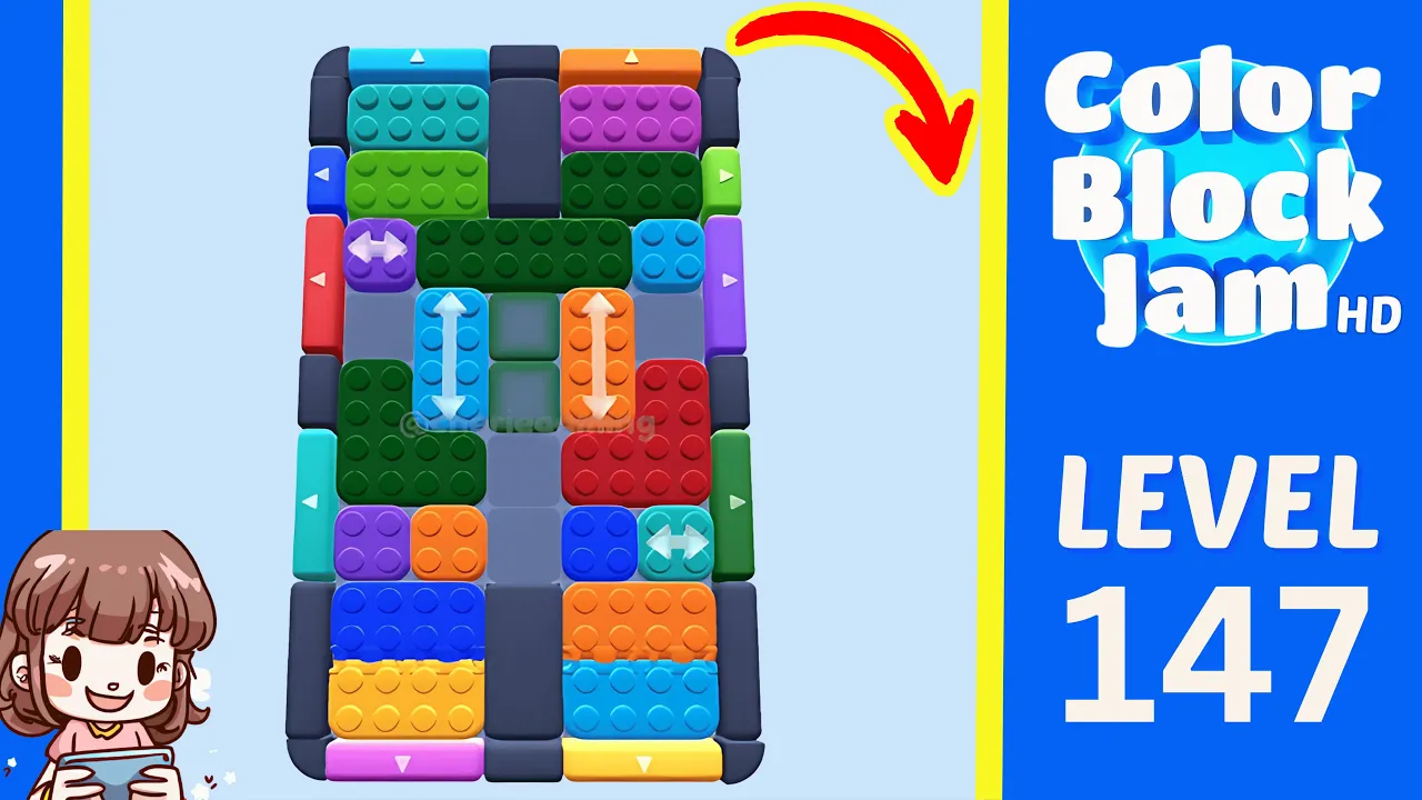 Color Block Jam Level 147 2:20 board with cyan and orange top exits, magenta and yellow bottom exits, and central fixed blockers opening frame