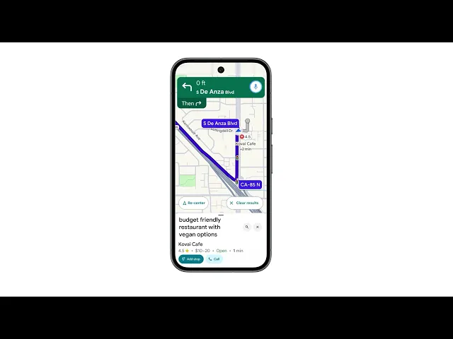 A video of someone asking Gemini to help them find a restaurant while using Google Maps, asking how the parking is, and asking Gemini to add a calendar event.