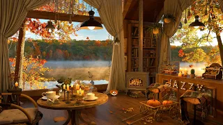 4K Peaceful Lakeside Café ☕ Warm Fireplace & Background Jazz Music for Work, Study and Relaxation