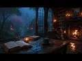 Gothic Reading Nook overlooking Rainy Cottage Village Dark Academia Fireplace Ambience for Relax