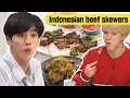 Jin \u0026 Jimin mencoba tusuk daging fusion Indonesia 🍖 dan reaksi mereka adalah...?😁