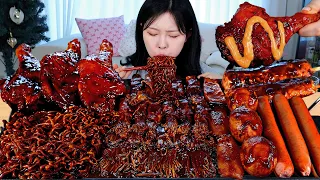 ASMR MUKBANG| 직접 만든 불닭 짜장 버섯 양념치킨 소세지 먹방 & 레시피 SPICY MUSHROOMS AND FIRE NOODLES EATING