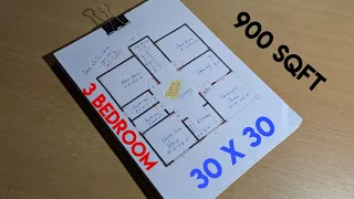 30 by 30 Simple 3 Bedroom house plan Drawing II 900 sqft ghar ka naksha II 30x30 home design 