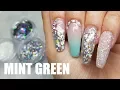 COFFIN SHAPE ACRYLIC NAILS MINT GREEN HOLO RAINBOW GLITTER