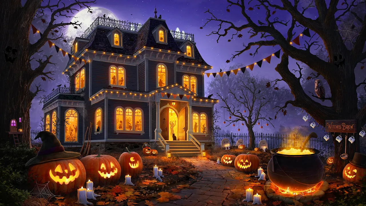 Monsters, pumpkins and a cauldron outside a glowing Victorian house at a Halloween party