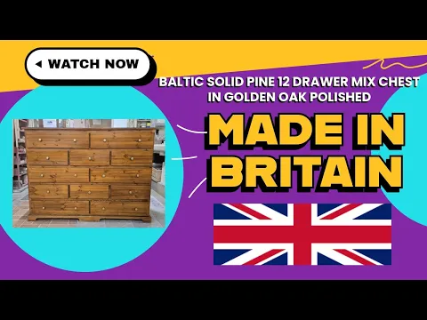 Product video preview for UK Handmade Solid Pine 12 Drawer Mix 135cm Wide Chest of Drawers - Baltic Golden Oak Polised (Made to Measure)