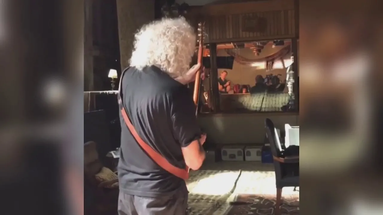 Brian May playing "Bohemian Rhapsody" guitar solo on the movie set