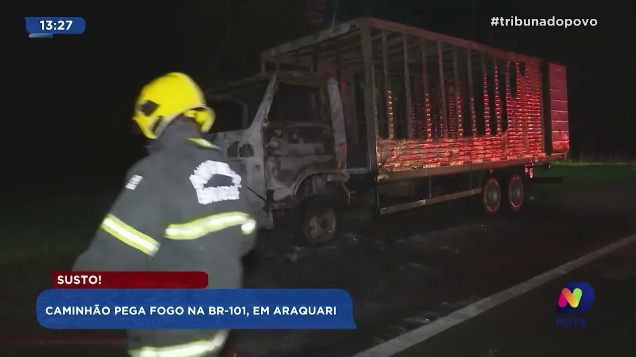 Susto! Caminhão pega fogo na BR-101, em Araquari