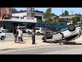Driver crashes and car flips over