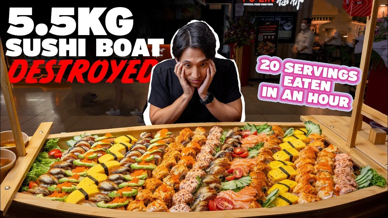 GIANT 5.5KG (12LBS) SUSHI BOAT EATING CHALLENGE!   $388 - 20 SERVINGS OF SUSHI ROLLS EATEN SOLO?!