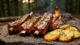 HOT Stone Ribs & Crispy Potatoes | Primitive Cooking in the Forest