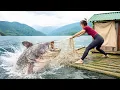 Lagu Hand-catching 500+ giant carp \u0026 wild catfish from river with fishing net \u0026 bamboo raft for my family