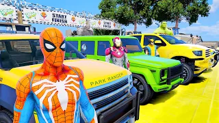 SPIDERMAN MEGA CITY RAMP CHALLENGE! MULTI SUPERHEROS BIG PRIZE! MOTOR CARS RAMP RACE GTA V