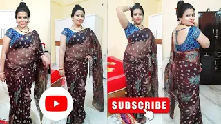 brown chiffon georgette round print saree shoot 