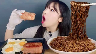 짜파게티 통스팸 먹방 Chapagetti Jjajang Ramyeon Spam Korean Black Bean noodles Mukbang