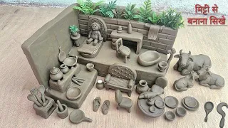 12 Cute kitchen set Diy | Miniature clay craft | all kitchen set mitti bartan making at home/bedroom