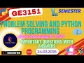 GE3151 PROBLEM SOLVING AND PYTHON PROGRAMMING Important Questions with Answers in Tamil R-2021 Sem 1