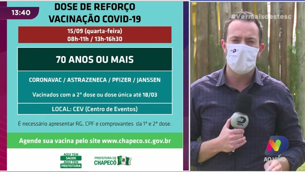 Vacinação contra a Covid-19 em Chapecó: agendamento de 3ª dose aberto a pessoas com 70 anos ou mais