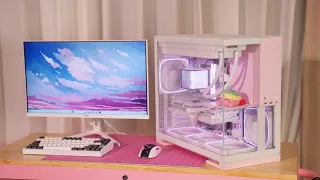 i built an aesthetic pink and white gaming pc you can store figurines in