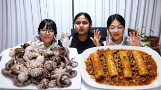 🔥 쭈꾸미 + 떡볶이 먹방!  매운맛 폭발 Mukbang#twinroozi  #mukbang #spicyseafoodasmr