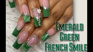 HOW TO Medium Emerald Green French Smile Nails For Beginners Acrylic Nail Tutorial