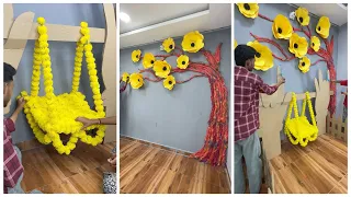 DIY Giant Tree Wall Decor Using Cardboard & Flowers 🌼✨| Amazing Giant Swing 😍