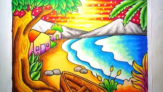 Download Mewarnai gradasi dengan crayon / Oilpastel : Pemandangan indah pantai | Drawing Beach Scenery MP3
