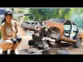Download Lagu Girl uses vintage forklift to shovel sand, gravel and old truck to transport. talented girl