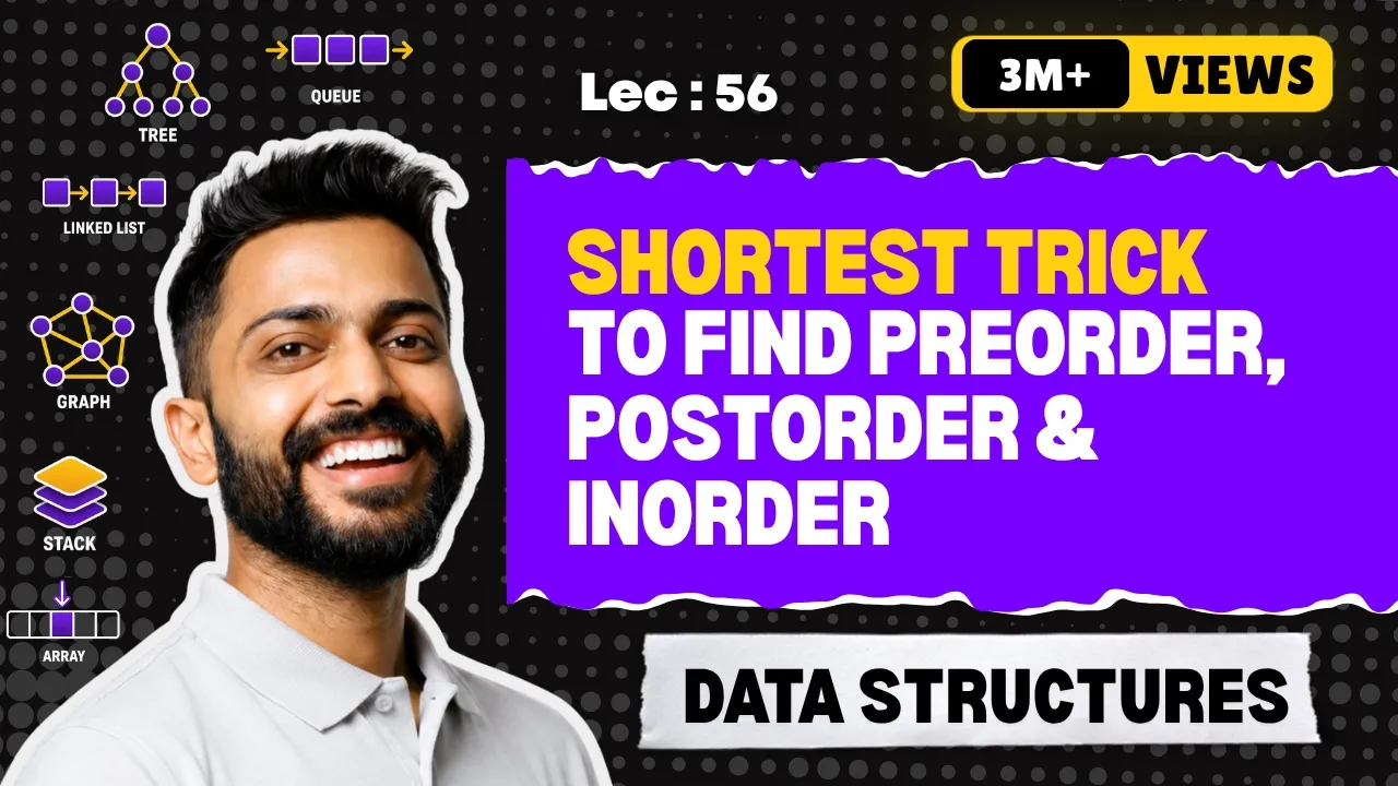 Lec-56: Preorder, Inorder and Postorder in 5 minute | Tree Traversal | Easiest and Shortest Trick - YouTube thumbnail