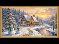 Cozy Christmas Snowy Cottage Glowing Tree Snowmen Winter Sunset TV Art Screensaver