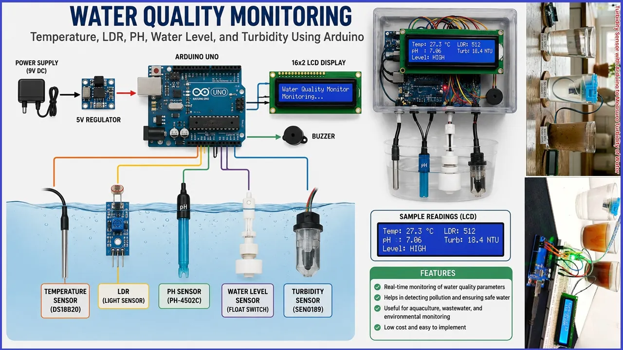 Water Quality Monitoring: Temperature, LDR, PH, Water Level, and Turbidity Using Arduino