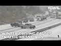 Severe traffic jam on I-5 due to slippery driving conditions in Clark County