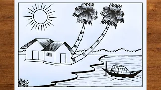 Very Easy Village Drawing رسومات عن الريف رسم ريفي رسم منظر ريفي رسم قريه رسم حياة الريف 