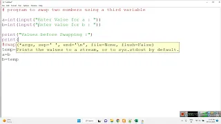 Swapping of two Numbers using Temperory Variable in Python using IDLE