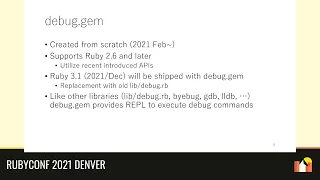 RubyConf 2021 - debug gem Ruby s new debug functionality by Koichi Sasada