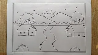 easy scenery drawing with pencil village scenery drawing landscape scenery drawing house scenery