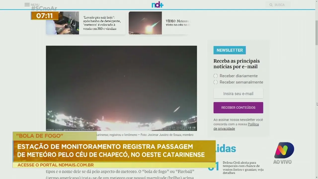 Estação de monitoramento registra passagem de meteóro pelo céu de Chapecó