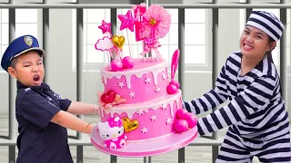 Annie & Johnny's Special Cardboard Birthday Cake Surprise at the Police Station! 🎂🚓