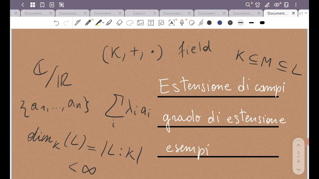 1. Estensioni di campi: definizione, grado di estensione, primi esempi.
