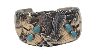 Vintage S Ray Navajo Sterling Silver Turquoise Cuff Bracelet 72 Grams Eagle 7 5