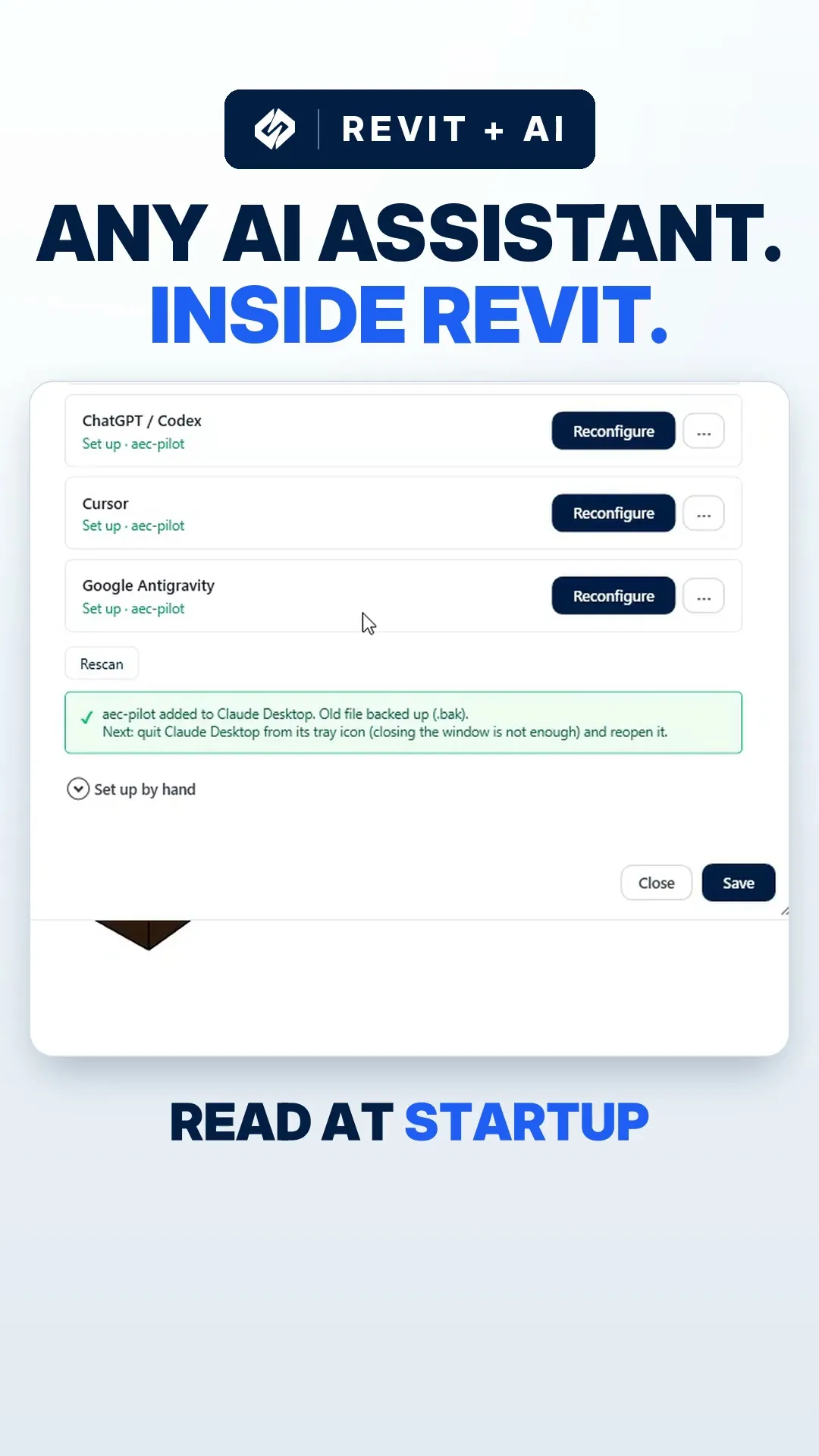 Connect any AI assistant to Revit in three steps.
