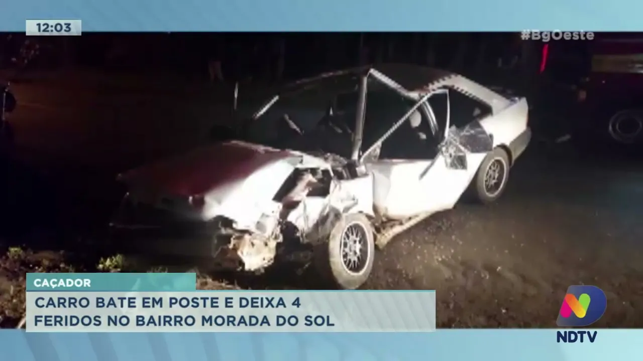 Carro bate em poste e deixa quatro feridos no Bairro Morada do Sol em Caçador