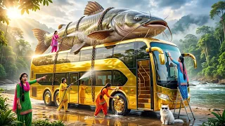 We Found a Golden Double Decker Bus Hidden Inside a River... With a 50-Foot Giant Fish on Top! 😱🚌🐟