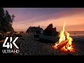 8 Hours 4K Campfire On Beach - Crackling Fire with Ocean Waves Sounds