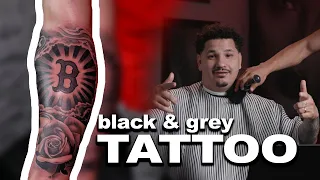 FULL FOREARM TATTOO Rose rays clouds B